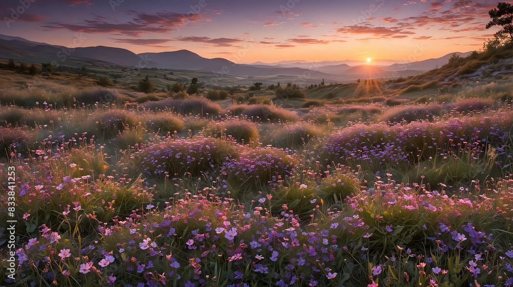 Fototapeta premium a breathtaking landscape filled with wildflowers, their colors illuminated by the golden rays of a setting sun, with rolling hills and distant mountains creating a serene backdrop