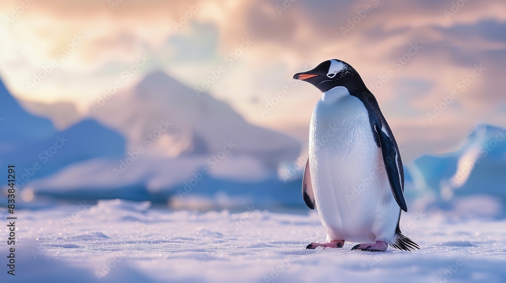 Naklejka premium Beautiful Gentoo penguin on snowy slope raising foot