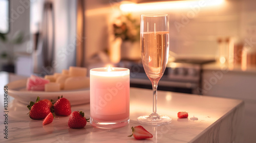 Champagne glass and candle on table on kitchen. Romantic and nice