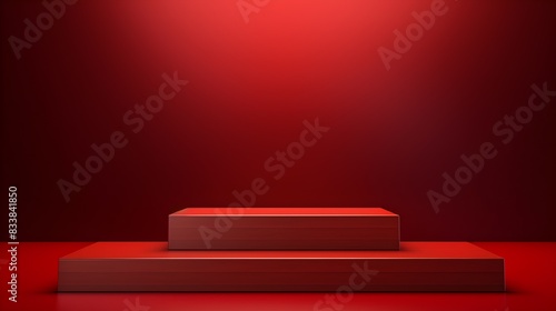 Wooden platform for professional product showcases on red background
