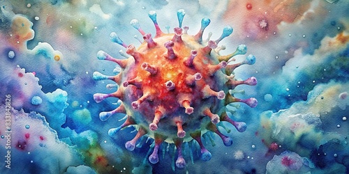 Close up view of a vibrant abstract virus watercolor background , virus, abstract,close up, colorful, vibrant, microscopic, biology, infection, health, disease, science, cellular photo