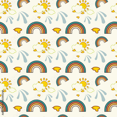 Sun Rainbow Clouds And Stars Seamless Vector Pattern Design