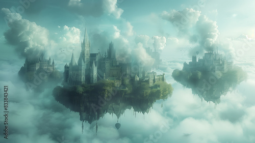 A castle hovers in the sky, surrounded by fluffy clouds, creating a surreal and magical scene. © Emiliia