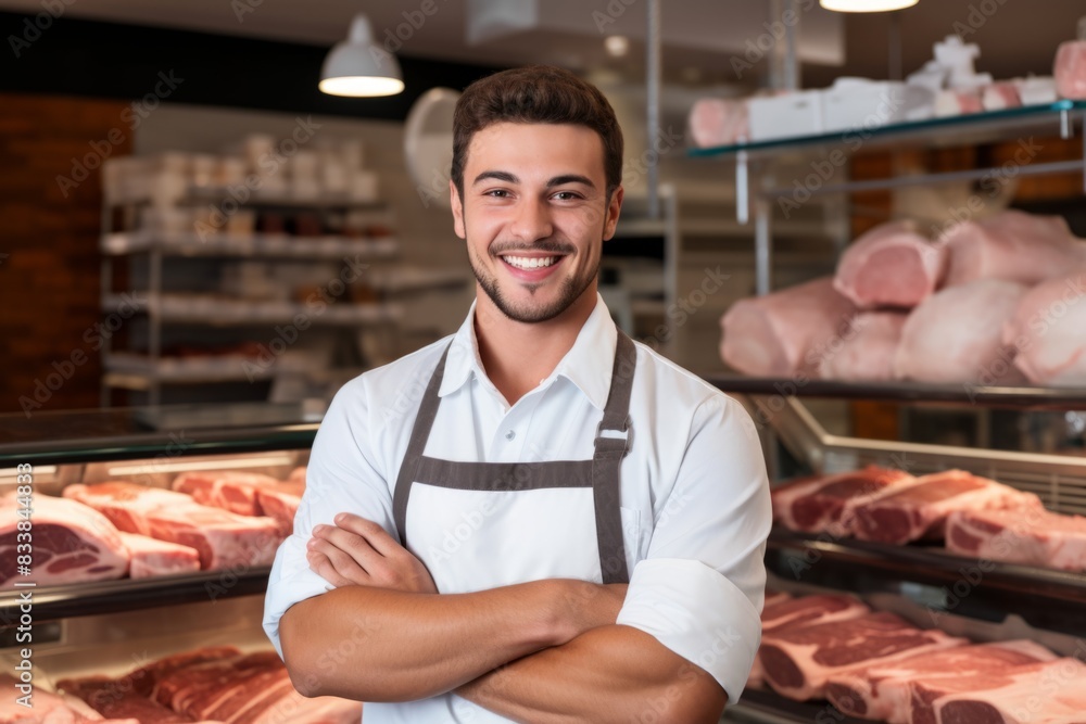 Young smiling butcher slicing expensive organic meat shop grocery store vendor satisfied customer beef pork chicken fresh food raw uncooked food supply protein product butchery barbecue store Young smiling butcher slicing expensive organic meat shop grocery store vendor satisfied customer beef pork chicken fresh food raw uncooked food supply protein product butchery barbecue store