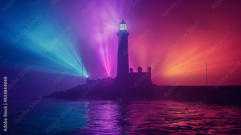 A lighthouse with powerful lights beaming into the night sky. A lighthouse with powerful lights beaming into the night sky.