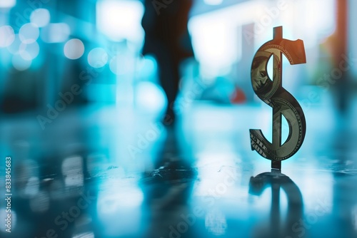 Close-up of a dollar sign symbolizing prosperity with a blurred silhouette of a businessperson in the background