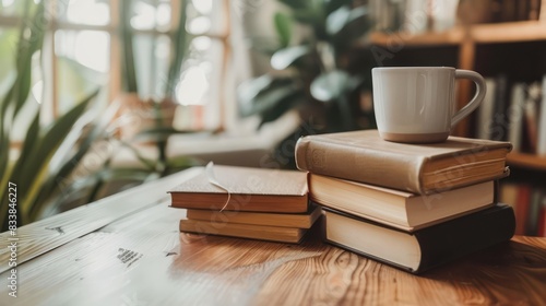 A cozy workspace setup with a cup of coffee and a stack of books on a wooden desk, leaving room for adding copy or inspirational quotes  © Nany