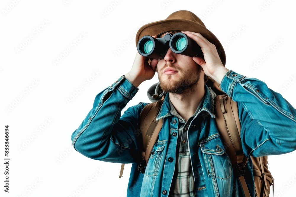 Adventurous man in a hat and denim jacket looking through binoculars, isolated on white Adventurous man in a hat and denim jacket looking through binoculars, isolated on white
