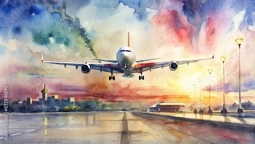 Airplane landing at airport captured in a watercolor painting, airport, airplane, landing, watercolor,transportation, travel, sky, runway, arrival, destination, clouds, atmosphere, creative