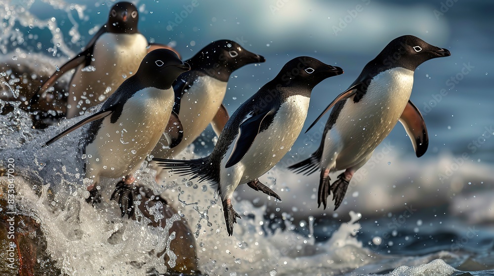 Fototapeta premium Spectacular Adelie Penguin, pygoscelis adeliae, Group Leaping into Ocean, Paulet Island in Antarctica