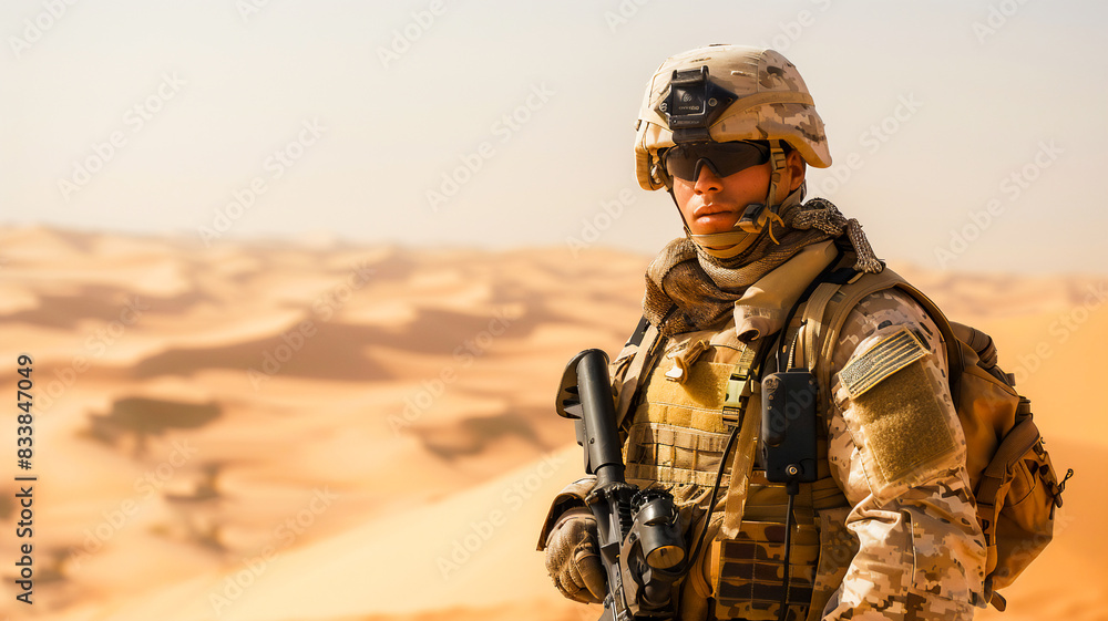 Portrait of young soldier on duty in desert . Portrait of young soldier on duty in desert .