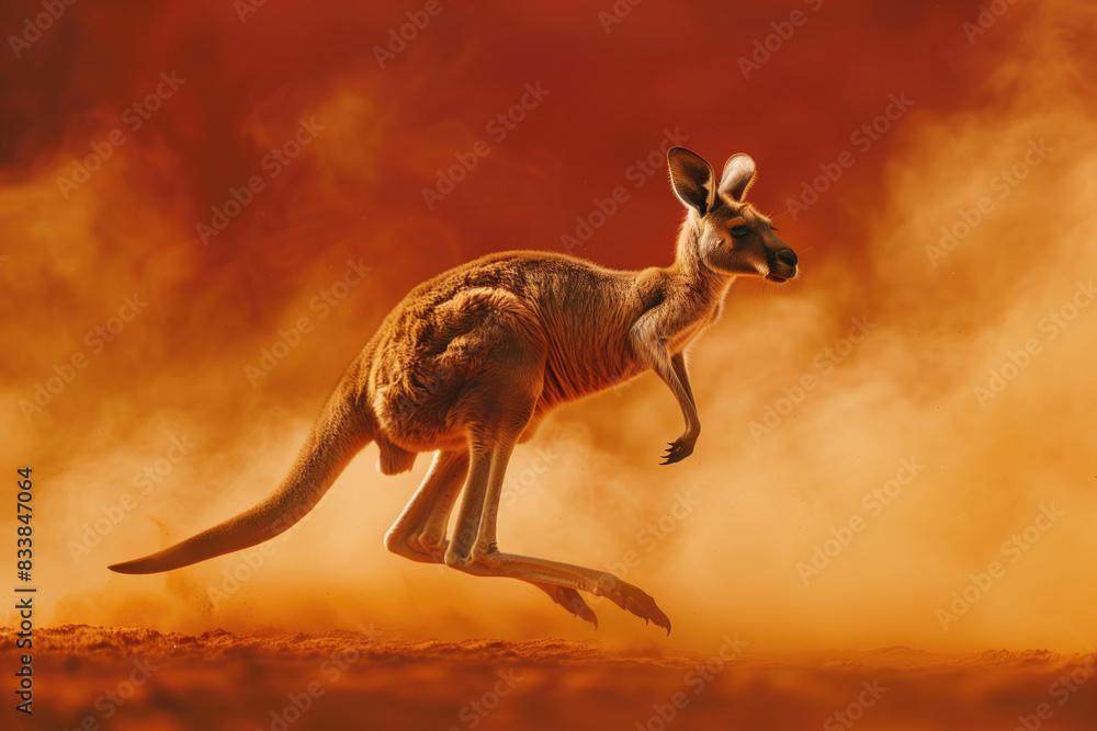 Fototapeta premium Kangaroo Hopping Through Red Dusty Australian Outback.