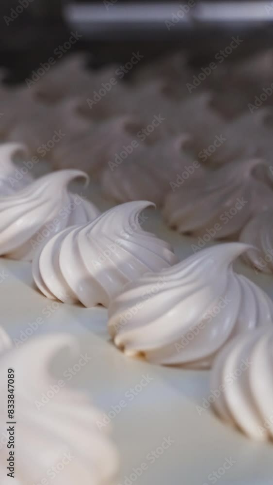 Sweet white swirl marshmallows on a conveyor belt. Production of confectionery products at the factory. Drying process. Vertical video. Sweet white swirl marshmallows on a conveyor belt. Production of confectionery products at the factory. Drying process. Vertical video.