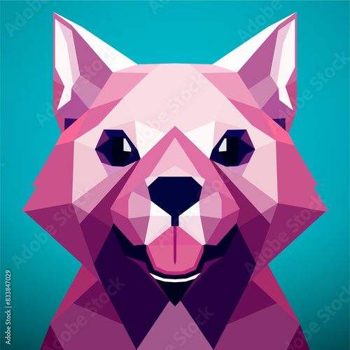 Low poly dog with a turquoise background,  triangular pink animal, with a black nose, low poly, a character portrait. Vector art, sots art, low poly, cubo-futurism, sticker, cartoon avatar