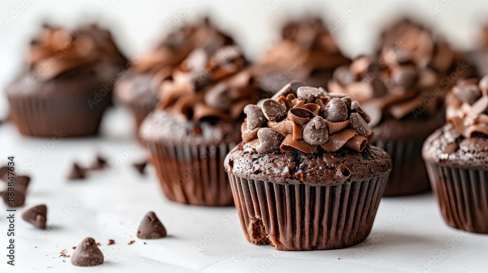Chocolate muffins displayed against a white backdrop Chocolate muffins displayed against a white backdrop