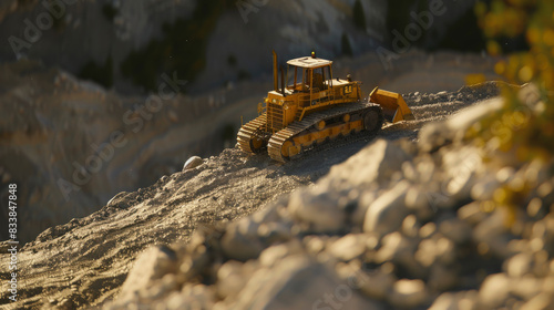 Miniature yellow bulldozer in the mining landscape area