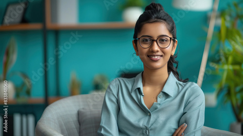 young beautiful indian woman standing confidently at office