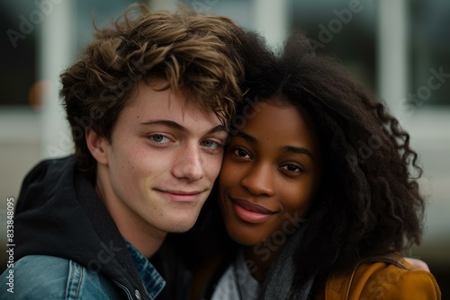 Portrait of a happy young interracial couple sharing an affectionate moment outside