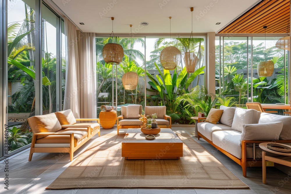 Fototapeta premium Bright contemporary sunroom with sleek modular furniture, light wood accents, and lush tropical garden views |