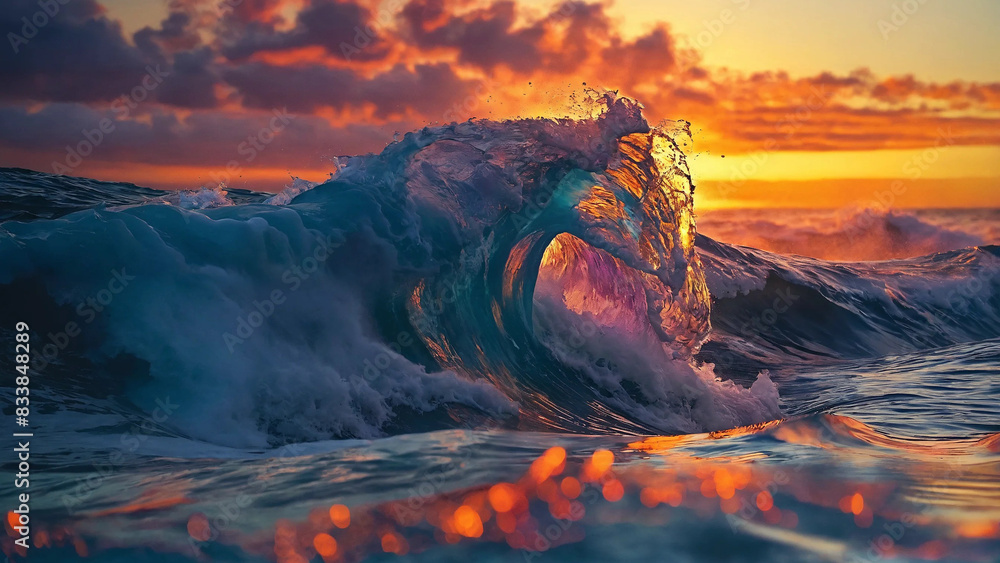 Naklejka premium Breaking ocean wave falling down with copyspace, 16:9, 300dpi