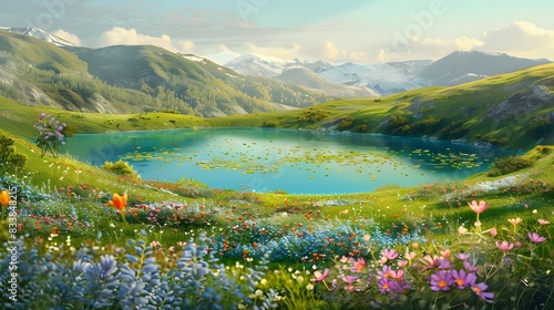serene landscape: emerald lake, rolling hills, and vibrant flower fields under a light blue sky © dreamyjar