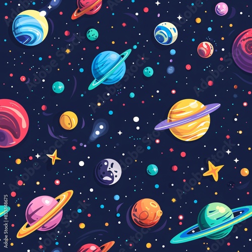 A colorful space scene with many planets and stars