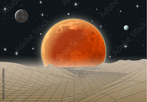 Retro futuristic landscape with mountains and sun in deep space. 80s styled synthwve landscape with sunrise over alien planet.