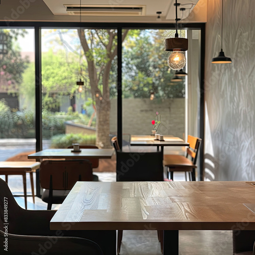 A tranquil café with wooden tables bathed in soft natural light, offering a peaceful retreat for enjoying a quiet moment