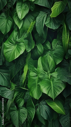 lush background of overlapping green monstera leaves creating a vibrant tropical scene  ideal for use in banners  travel brochures  or nature-inspired designs