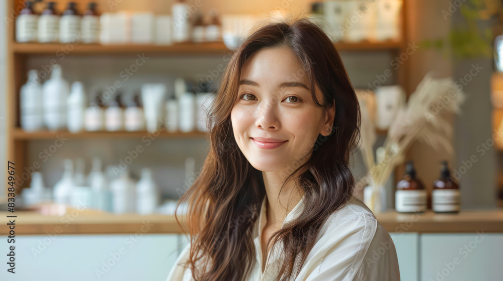 Portrait Of Female Owner Of Gift Store Standing In Front Of Shelves With Cosmetics .Generative AI Portrait Of Female Owner Of Gift Store Standing In Front Of Shelves With Cosmetics .Generative AI