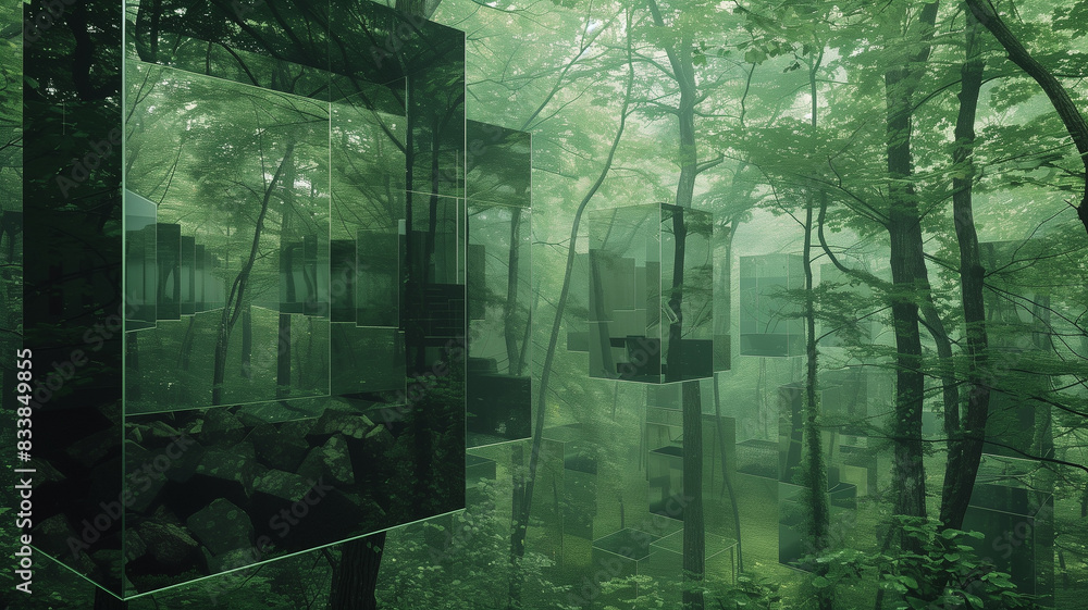 Naklejka premium A mirror placed in the forest reflects the surrounding trees, creating an unusual sight amidst the dense woodland.
