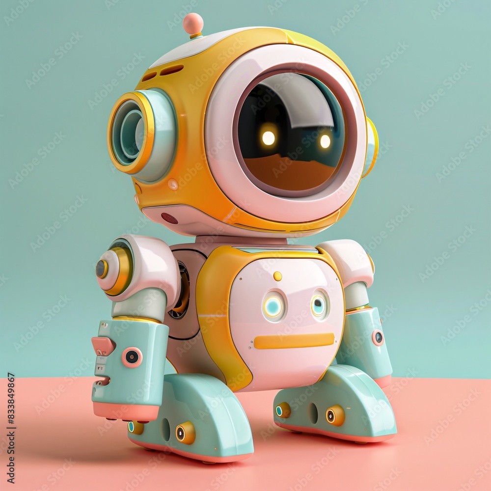 A robot with a yellow face stands on a pink background A robot with a yellow face stands on a pink background