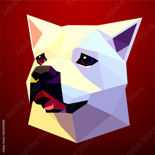 Low polygonic white dog head on a red background. Vector art, sots art, low poly, cubo-futurism, sticker, cartoon avatar, animal logo, surreal design photo