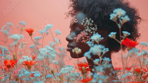 Dark Skin Tone Portrait of Woman amidst Blush Petals in Scenic Countryside Photography