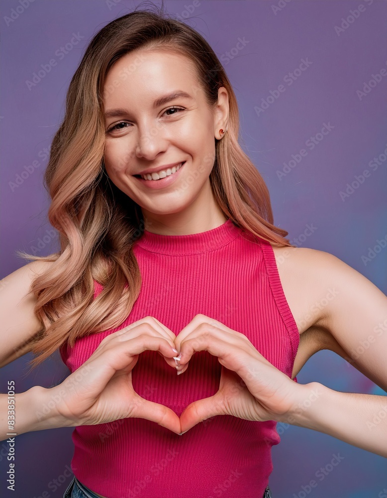 Joyful young lady with a beaming smile forming a heart symbol with her hands, promoting love and happiness Joyful young lady with a beaming smile forming a heart symbol with her hands, promoting love and happiness