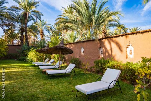 Sunchairs in luxury lodge hotel tropical garden near Agdz town in Atlas Mountains, Morocco, North Africa © pkazmierczak