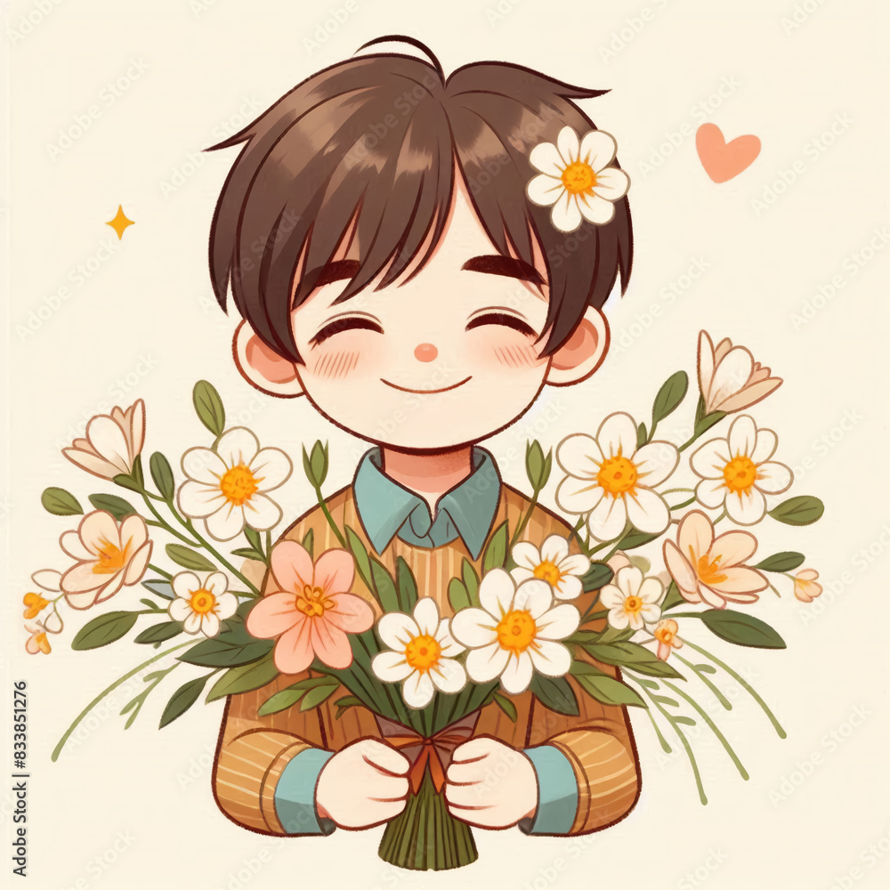 Illustration of a beautiful smiling boy with a bouquet of flowers. Illustration of a beautiful smiling boy with a bouquet of flowers.
