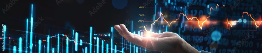 Holographic financial chart in hand, futuristic style, glowing graphs, dark background, dynamic and vibrant, business success Holographic financial chart in hand, futuristic style, glowing graphs, dark background, dynamic and vibrant, business success