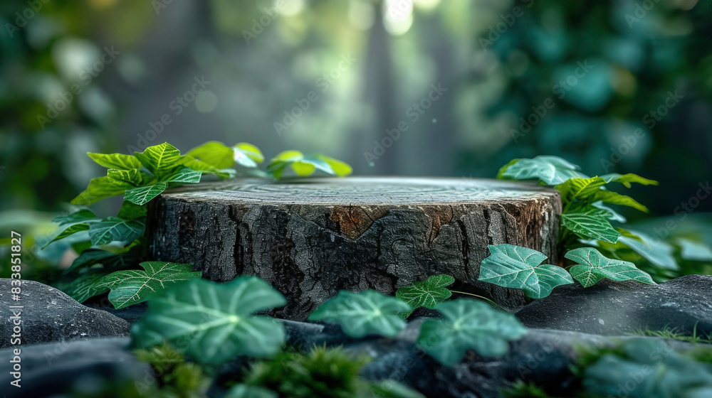 flat rough round stone podium with a green tropical forest background for product presentations flat rough round stone podium with a green tropical forest background for product presentations