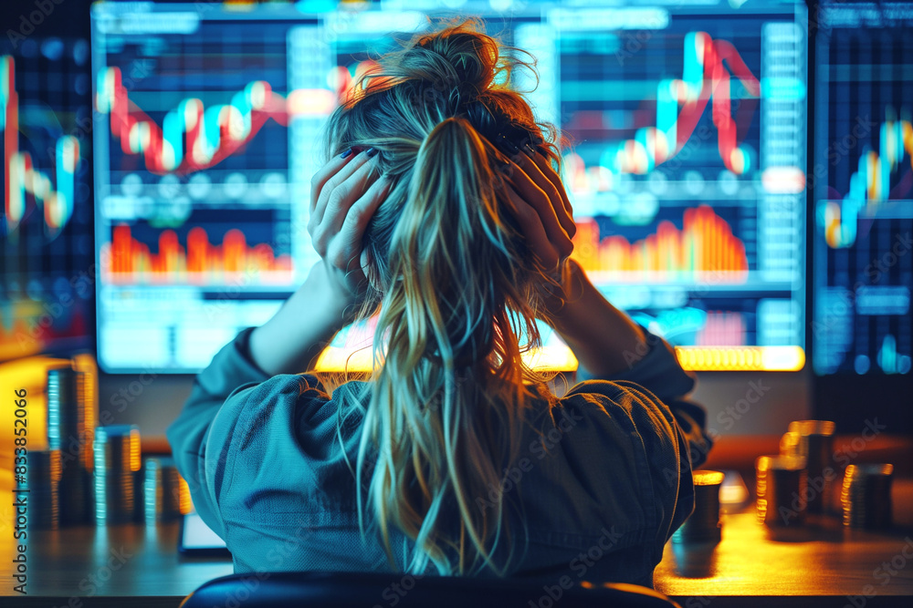 Obraz premium Back view of woman, trader, sitting in front of chart display holding head, worried, shocked, because stock is in downtrend or loss.