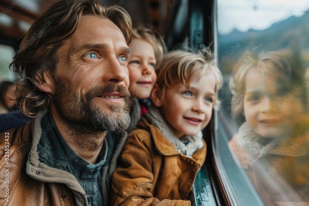 A close-up of a family enjoying a scenic train ride through a picturesque landscape. The parents and children are happily looking out the window, showcasing the beauty and relaxation of train travel. A close-up of a family enjoying a scenic train ride through a picturesque landscape. The parents and children are happily looking out the window, showcasing the beauty and relaxation of train travel.