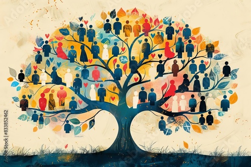 colorful illustrated branches that symbolize a family tree or story line Each node of the tree contains a silhouette of a person