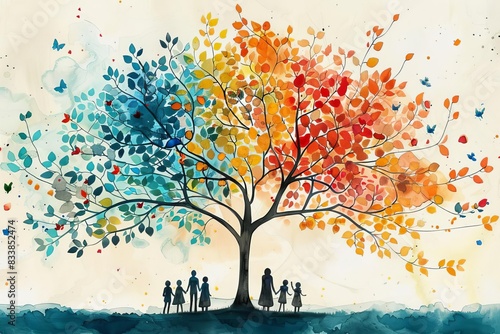 colorful illustrated branches that symbolize a family tree or story line Each node of the tree contains a silhouette of a person