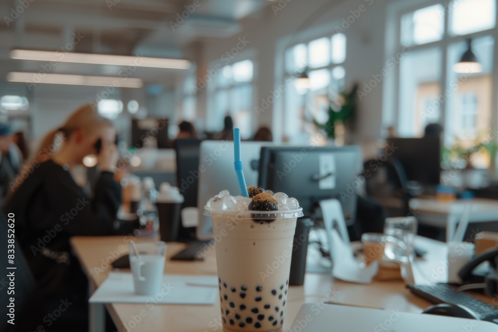 Bubble tea cup in office startup delivery summer refreshment work environment entrepreneurship asian fresh drink sweet natural beverage tasty desk busy morning leisure time short break trendy Bubble tea cup in office startup delivery summer refreshment work environment entrepreneurship asian fresh drink sweet natural beverage tasty desk busy morning leisure time short break trendy