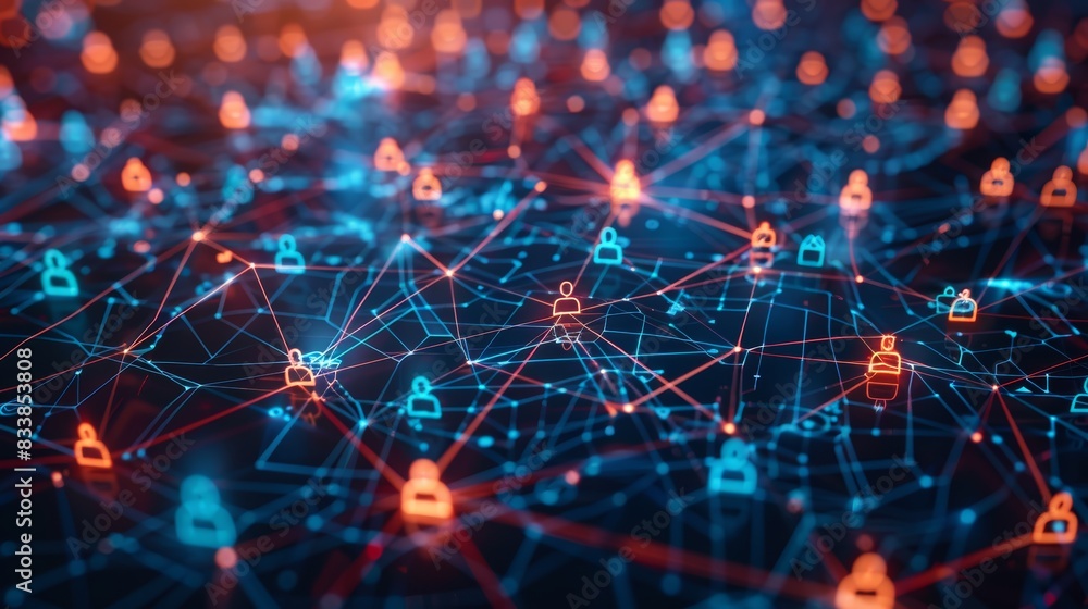 An abstract 3D illustration of a social media network, with profile pictures interconnected by lines, representing online social connections and networking. An abstract 3D illustration of a social media network, with profile pictures interconnected by lines, representing online social connections and networking.
