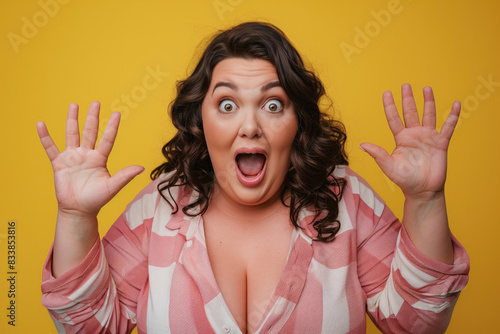 Portrait of excited overjoyed woman with surprised expression.