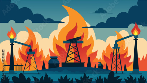 In the midst of the bustling oil fields the flames from flaring gas seem to be the only constant an everpresent symbol of our reliance on fossil. Vector illustration