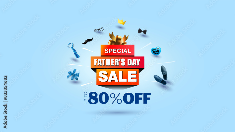 Happy Father's day. 3d Gift box with Father's day sale upto 80% off. Vector illustration