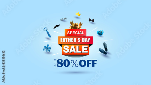 Happy Father's day. 3d Gift box with Father's day sale upto 80% off. Vector illustration