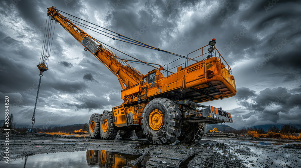 Bold yellow mobile crane stands out against a gray concrete background in a construction site Bold yellow mobile crane stands out against a gray concrete background in a construction site